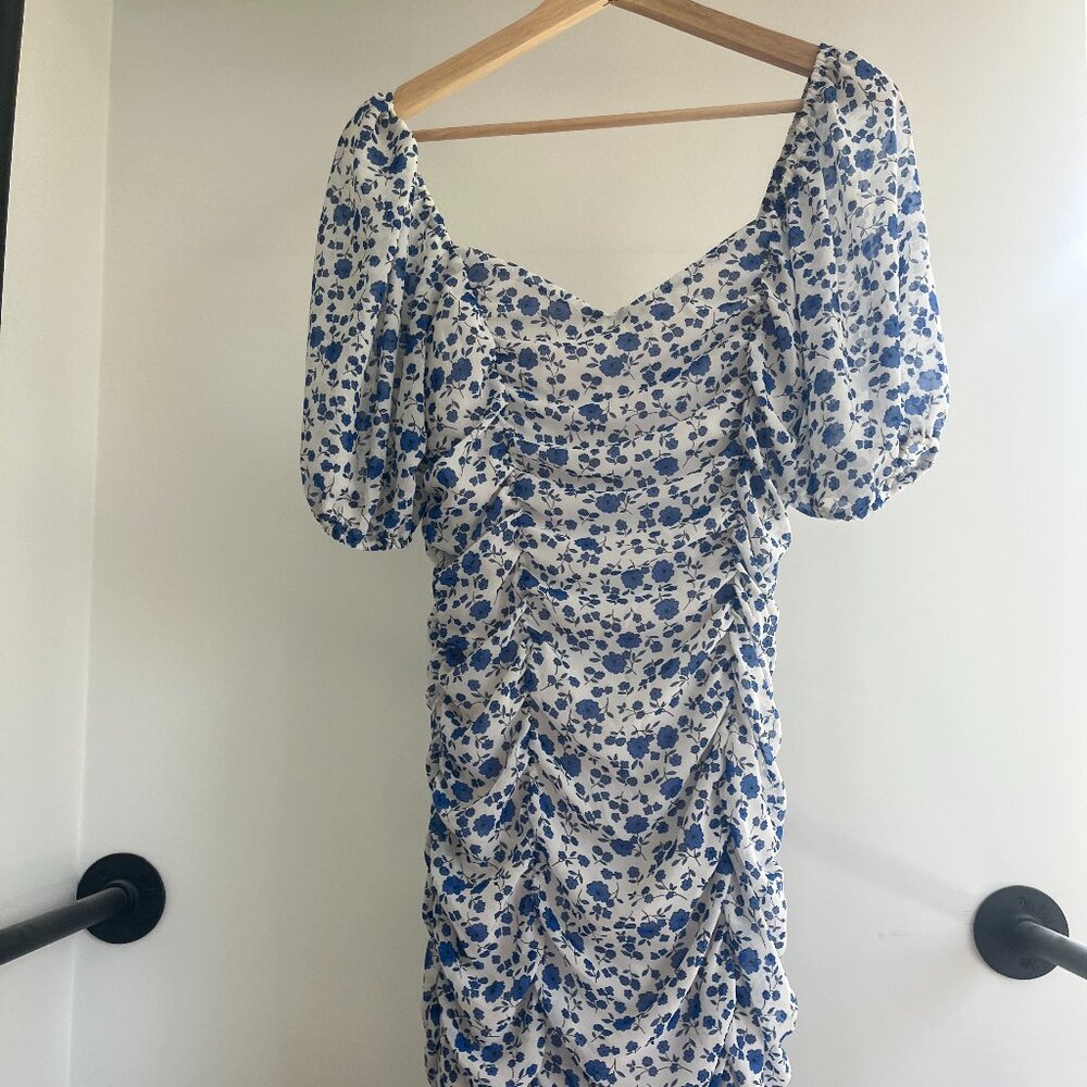 Nordstrom Whimsical Ruched White Blue Floral Print Mini Dress